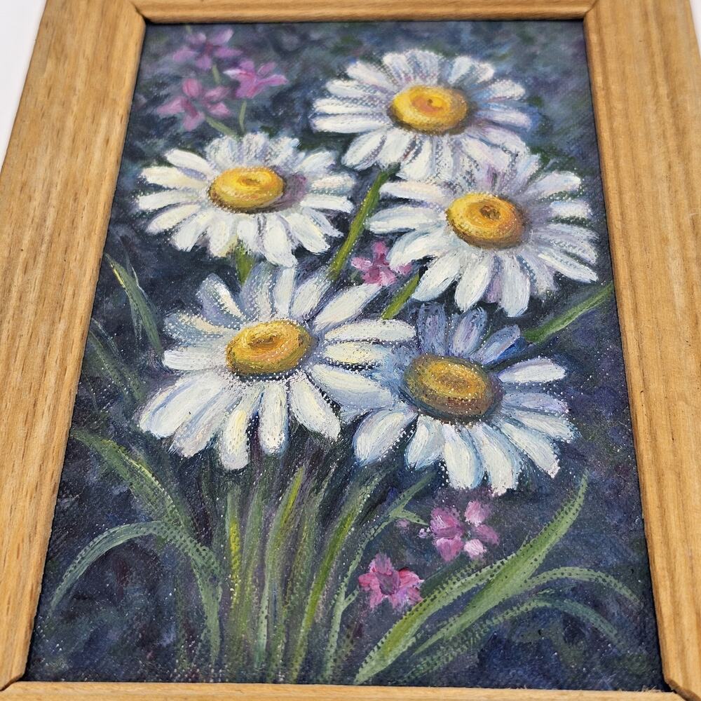 VTG Small Framed Daisy Oil Painting On Canvas Framed Mini